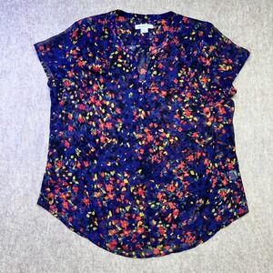 Liz Claiborne Women XL Blue Floral V-Neck Short Sleeve Sheer Blouse Top